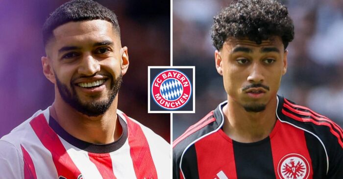 PSV Eindhoven star Ismael Saibari and Nathaniel Brown of Eintracht Frankfurt either side of the Bayern Munich badge