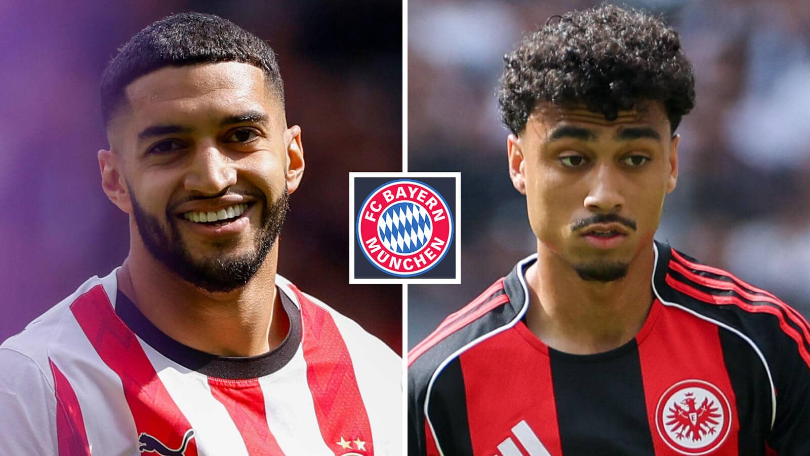 PSV Eindhoven star Ismael Saibari and Nathaniel Brown of Eintracht Frankfurt either side of the Bayern Munich badge