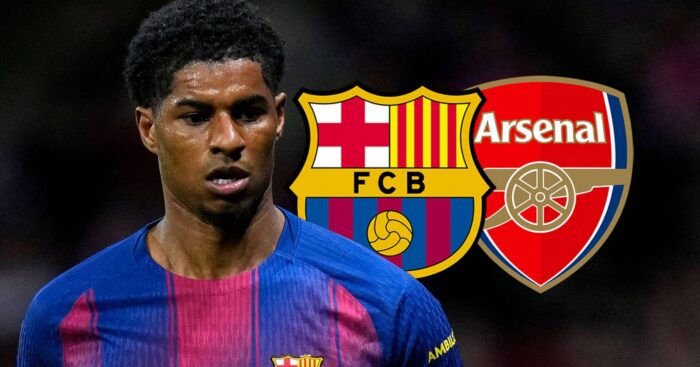 Marcus Rashford with Barcelona and Arsenal badges