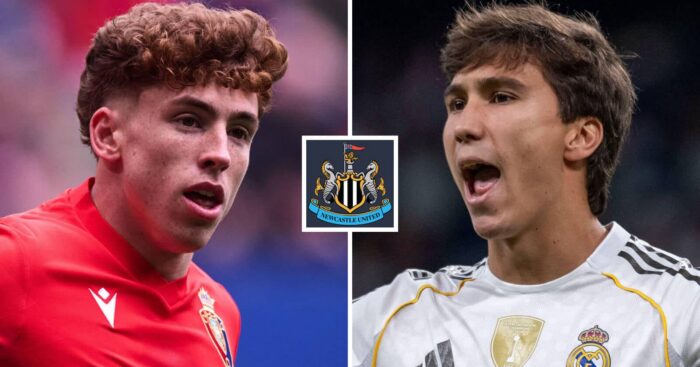 Victor Munoz and Gonzalo Garcia with a Newcastle badge