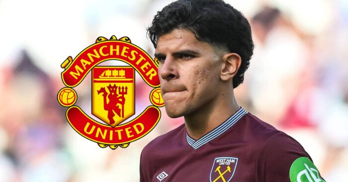 Manchester United badge and West Ham United midfielder Mateus Fernandes - copyright TEAMtalk