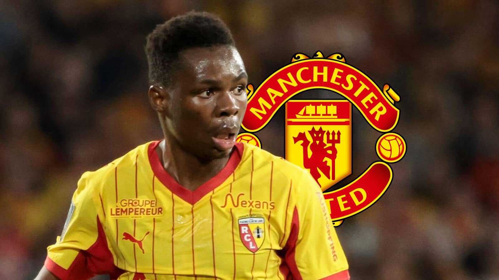 RC Lens midfielder Mamadou Sangare with the Manchester United badge next to him - copyright TEAMtalk