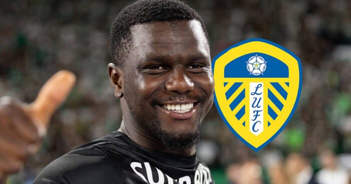 Sporting CP defender Ousmane Diomande next to the Leeds United badge