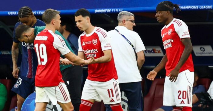 Arsenal wingers Leandro Trossard, Gabriel Martinelli and Noni Madueke