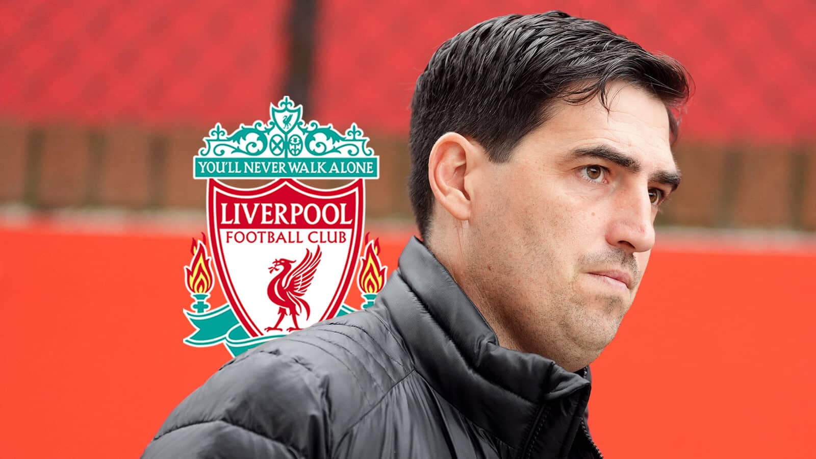 Liverpool boss Andoni Iraola next to the club badge