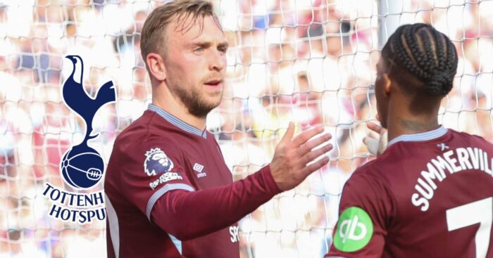 West Ham pair Jarrod Bowen and Crysencio Summerville next to the Tottenham Hotspur badge