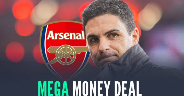 Mikel Arteta next to the Arsenal badge and the words 'mega money deal'