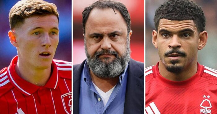 Nottingham Forest stars Elliot Anderson and Morgan Gibbs-White either side of chairman Evangelos Marinakis