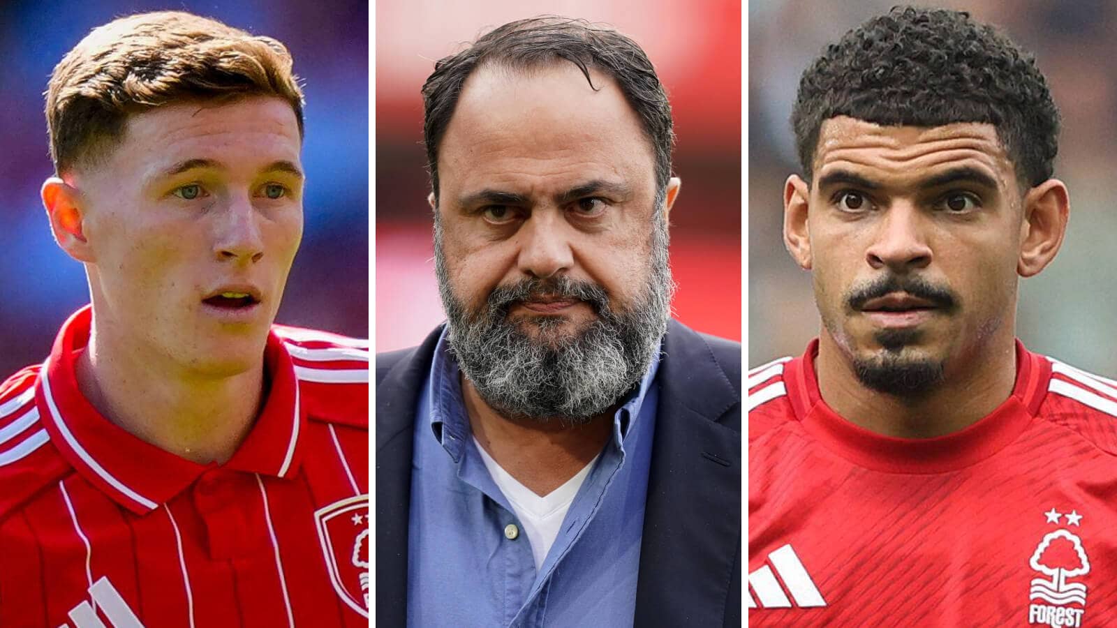Nottingham Forest stars Elliot Anderson and Morgan Gibbs-White either side of chairman Evangelos Marinakis
