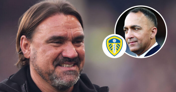 Leeds chairman Paraag Marathe, inset, next to the club bage and manager Daniel Farke