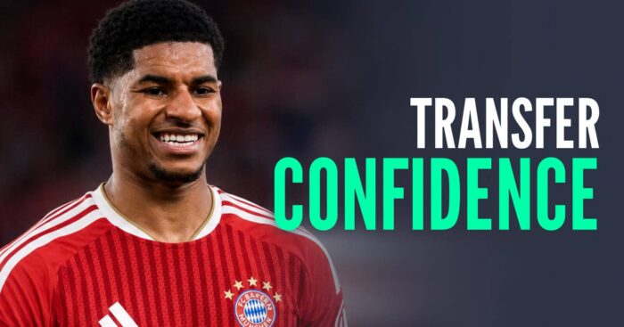 Manchester United outcast Marcus Rashford with a Bayern Munich shirt Photoshopped on him and the words 'transfer confidence'