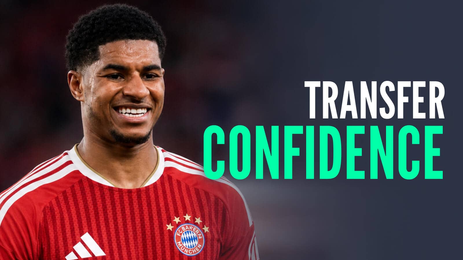 Manchester United outcast Marcus Rashford with a Bayern Munich shirt Photoshopped on him and the words 'transfer confidence'