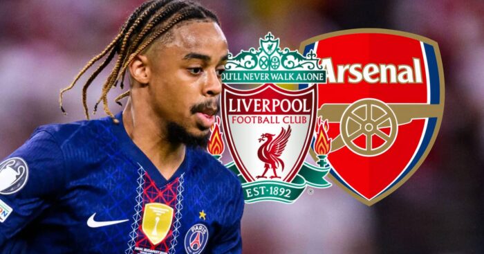 PSG winger Bradley Barcola, Liverpool and Arsenal badges