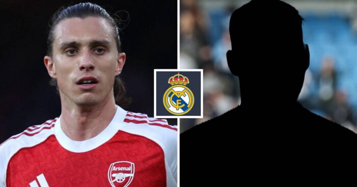 Split image of Arsenal defender Riccardo Calafiori and a shadow, with the Real Madrid badge in between - copyright TEAMtalk
