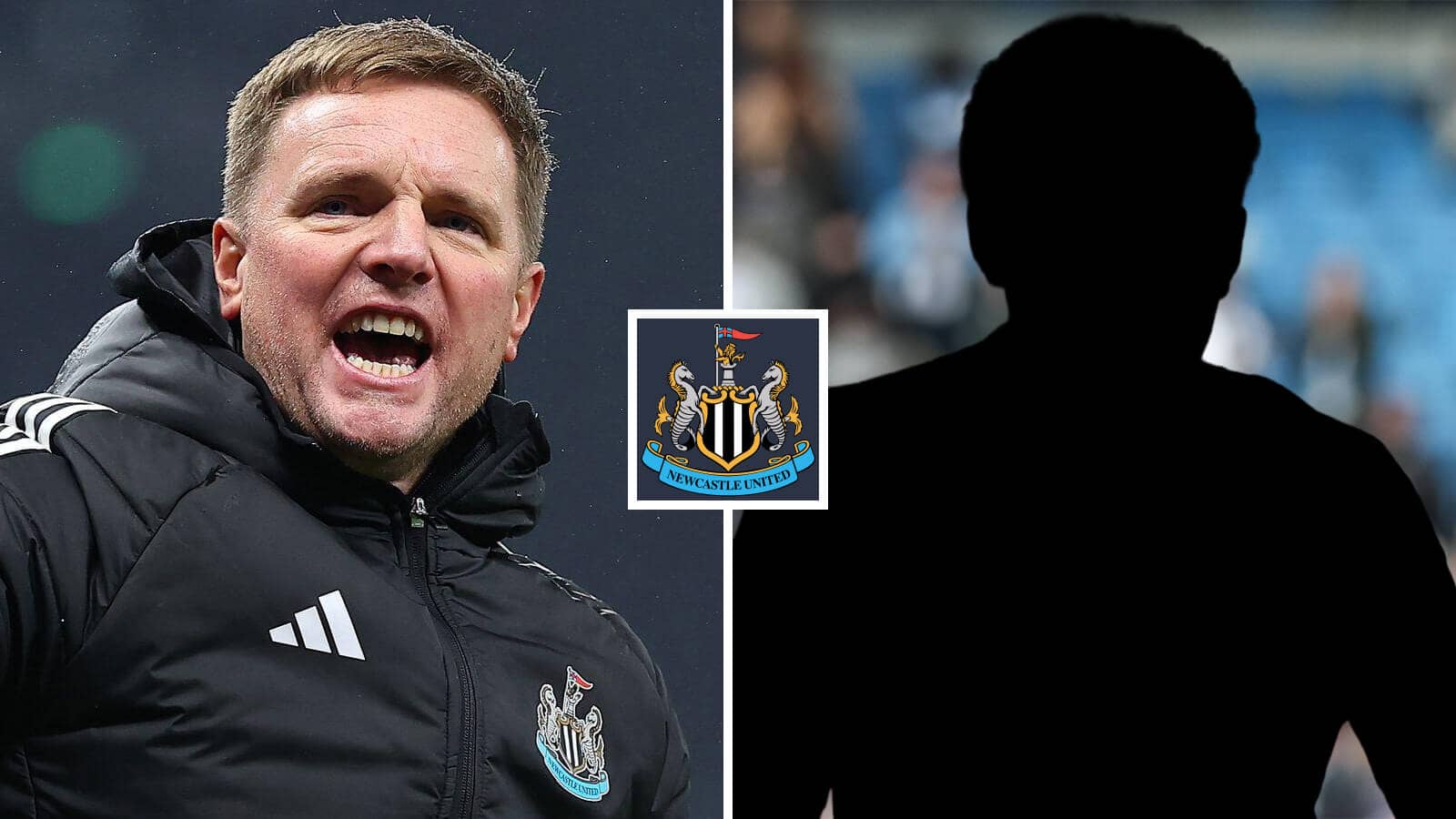 Split image of Newcastle United manager Eddie Howe and a shadow, with the Newcastle United badge in between - copyright TEAMtalk