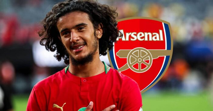 Morocco and Lille star Ayyoub Bouaddi with Arsenal badge