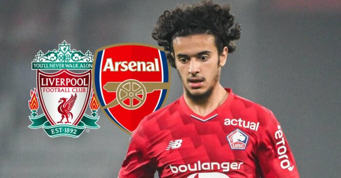Lille star Ayyoub Bouaddi next to the badges of Arsenal and Liverpool