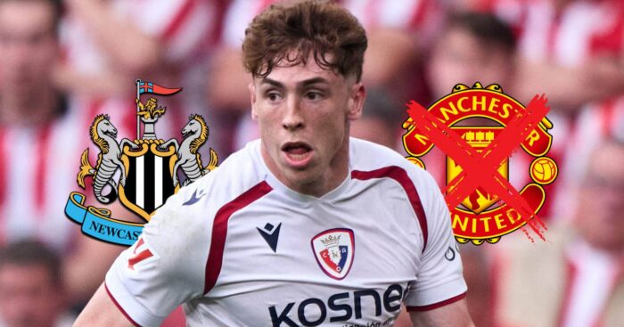 Newcastle United badge, Osasuna winger Victor Munoz and a crossed out Manchester United badge - copyright TEAMtalk