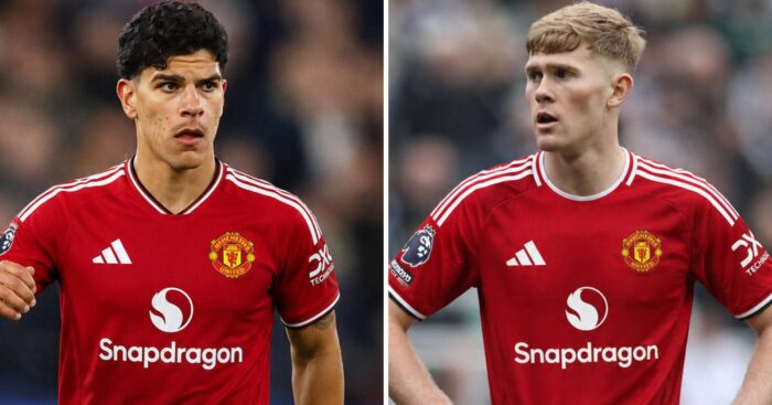 West Ham's Mateus Fernandes and Lewis Hall of Newcastle with Manchester United shirts Photoshopped on them