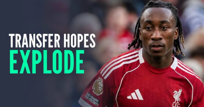 RB Leipzig winger Yan Diomande with a Liverpool shirt Photoshopped on him and the words 'transfer hopes explode'