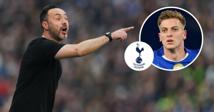 Roberto De Zerbi with Liam Delap and Tottenham badge