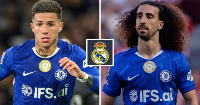 Split image of Chelsea duo Enzo Fernandez and Marc Cucueralla with the Real Madrid badge in between - copyright TEAMtalk