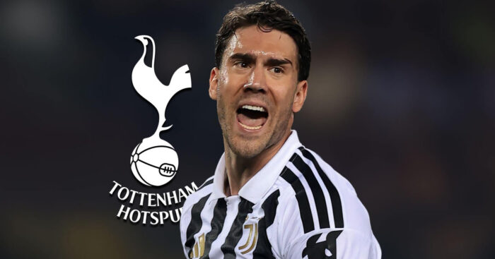 Juventus striker Dusan Vlahovic with a Tottenham badge