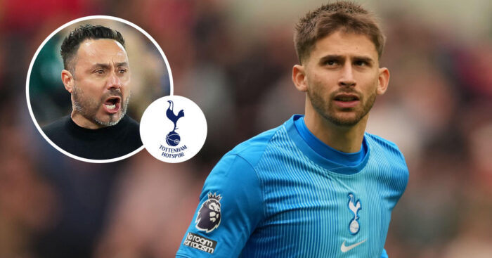 Roberto De Zerbi, inset, next to the Tottenham Hotspur badge and unwanted goalkeeper Guglielmo Vicario