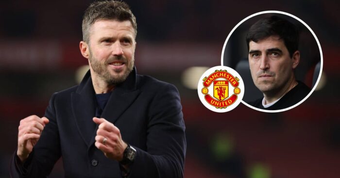 Manchester United manager Michael Carrick, Manchester United badge and Liverpool manager Andoni Iraola - copyright TEAMtalk