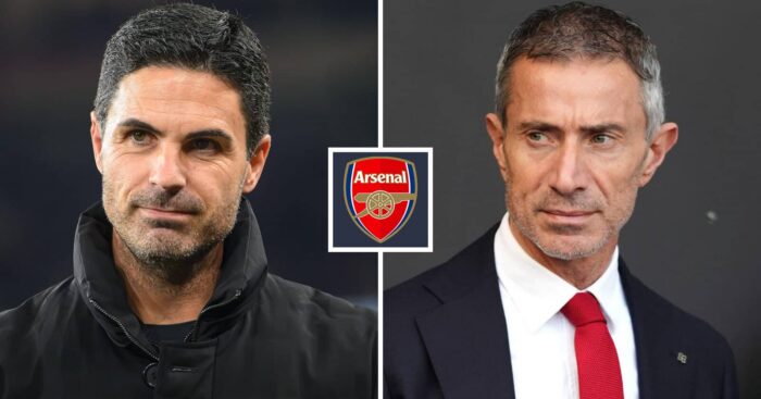 Split image of Arsenal manager Mikel Arteta and sporting director Andrea Berta with the Arsenal badge in between - copyright TEAMtalk