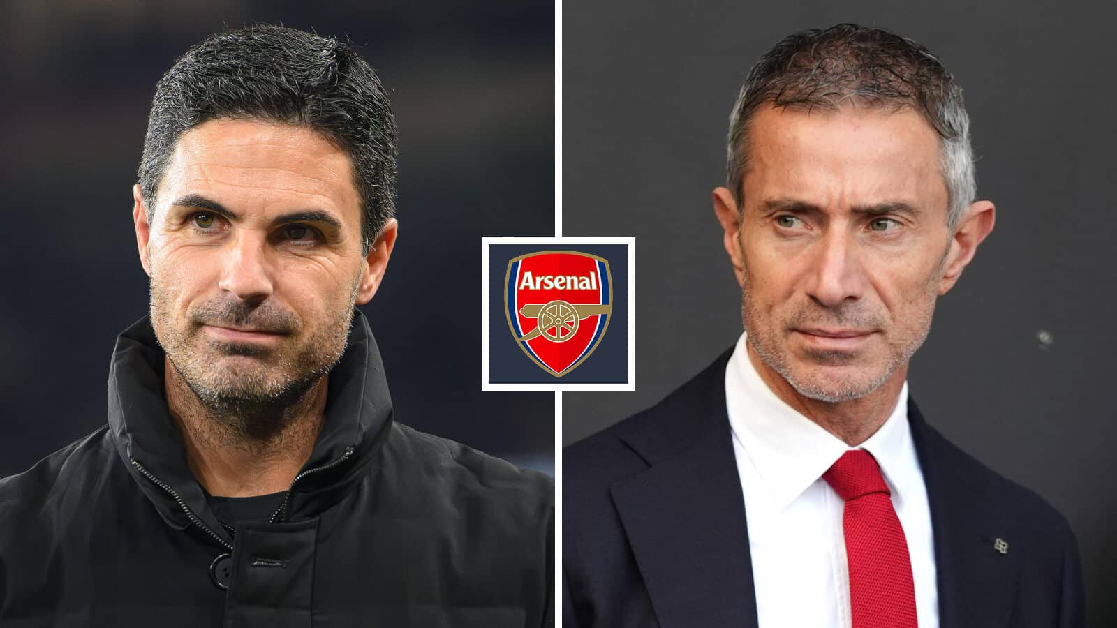 Split image of Arsenal manager Mikel Arteta and sporting director Andrea Berta with the Arsenal badge in between - copyright TEAMtalk