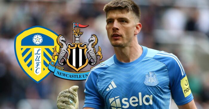 Nick Pope next to the badges of Leeds United and Newcastle United