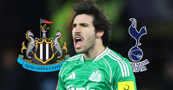 Newcastle midfielder Newcastle star Sandro Tonali next to the Newcastle United and Tottenham Hotspur badges