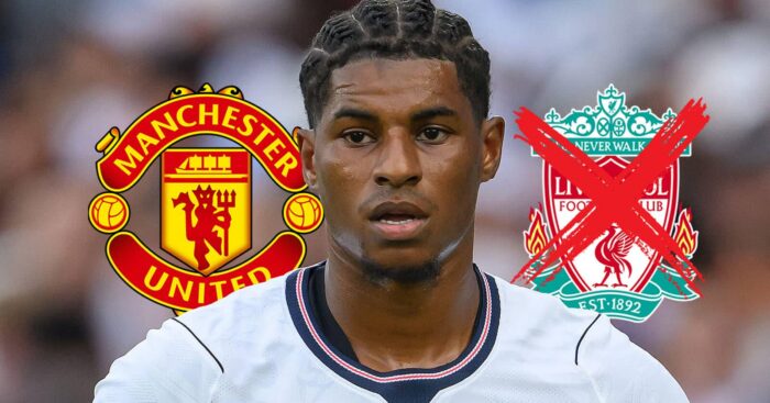 Manchester United badge, Marcus Rashford and crossed out Liverpool badge - copyright TEAMtalk