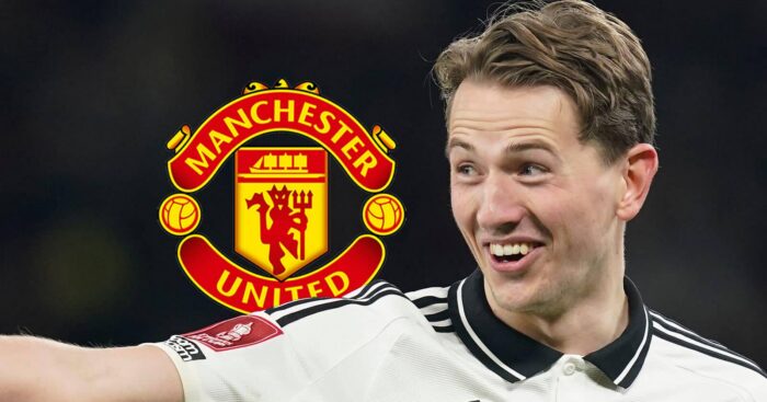 Manchester United badge next to Fulham midfielder Sander Berge - copyright TEAMtalk