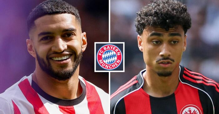 Ismael Saibari and Nathaniel Brown, with a Bayern Munich badge