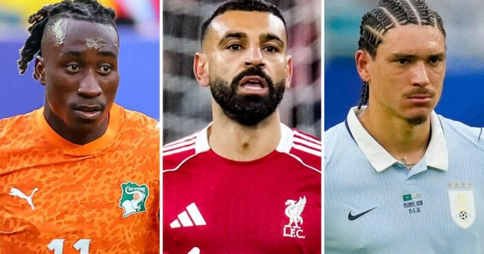 Ivory Coast winger Yan Diomande and Uruguay striker Darwin Nunez either side of former Liverpool star Mohamed Salah having left