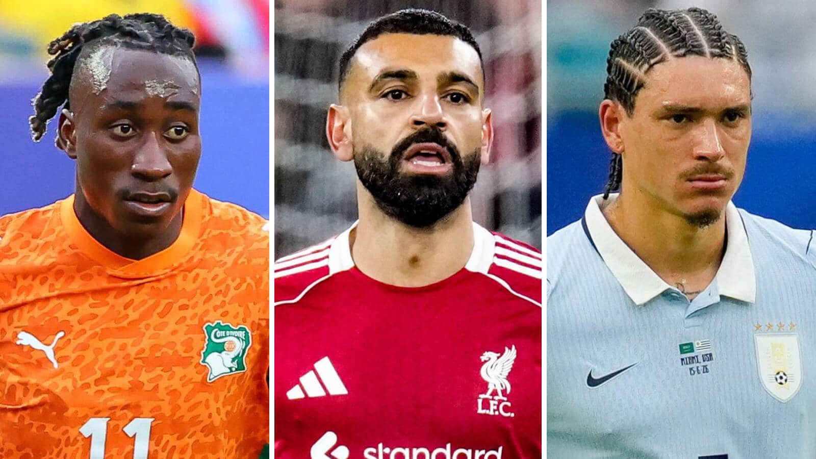 Ivory Coast winger Yan Diomande and Uruguay striker Darwin Nunez either side of former Liverpool star Mohamed Salah having left