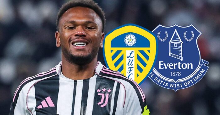 Juventus striker Lois Openda next to the badges of Leeds United and Everton