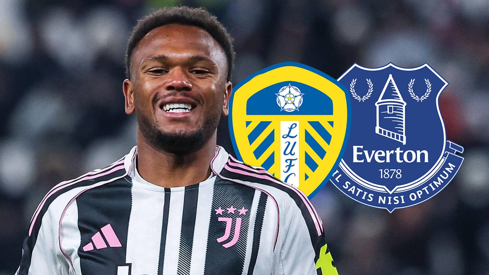 Juventus striker Lois Openda next to the badges of Leeds United and Everton