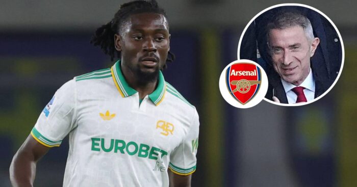 Manu Kone, Andrea Berta with Arsenal badge