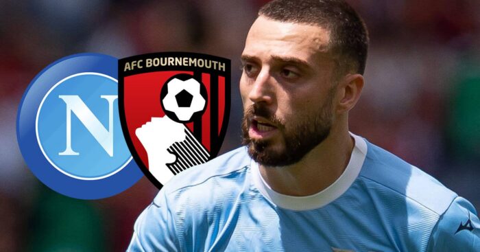 Mario Gila with Bournemouth and Napoli badges