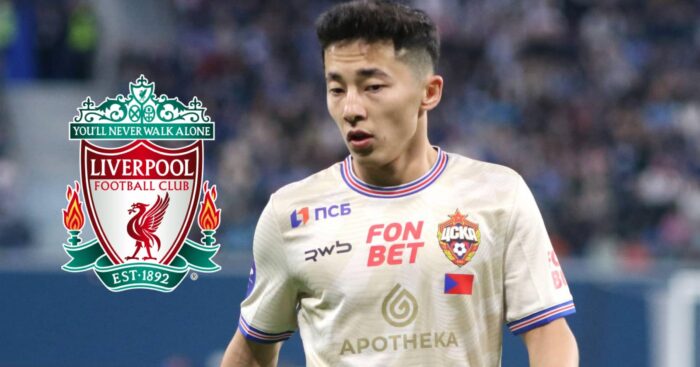 Abbosbek Fayzullaev with Liverpool badge