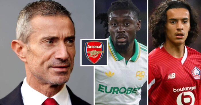 Arsenal sporting director Andrea Berta next to the club badge and midfield targets Manu Kone of Roma and Lille's Ayyoud Bouaddi