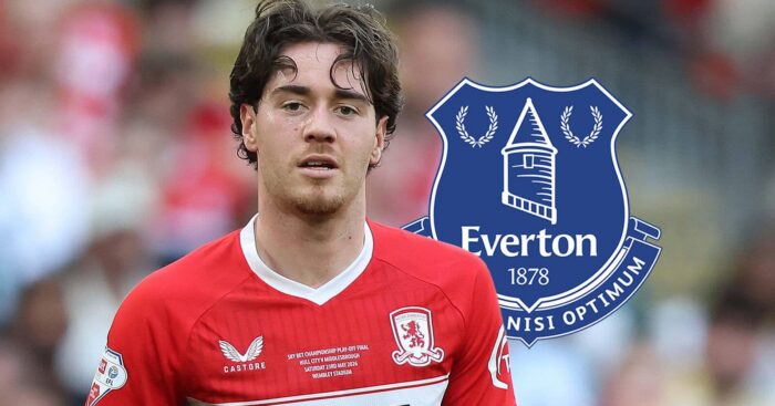 Middlesbrough star Hayden Hackney with an Everton badge