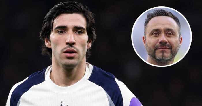Newcastle's Sandro Tonali with a Tottenham Hotspur shirt Photoshopped on him and with Roberto De Zerbi, inset