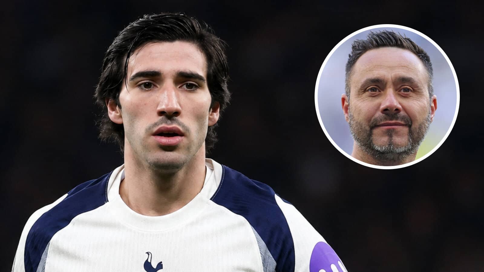 Newcastle's Sandro Tonali with a Tottenham Hotspur shirt Photoshopped on him and with Roberto De Zerbi, inset