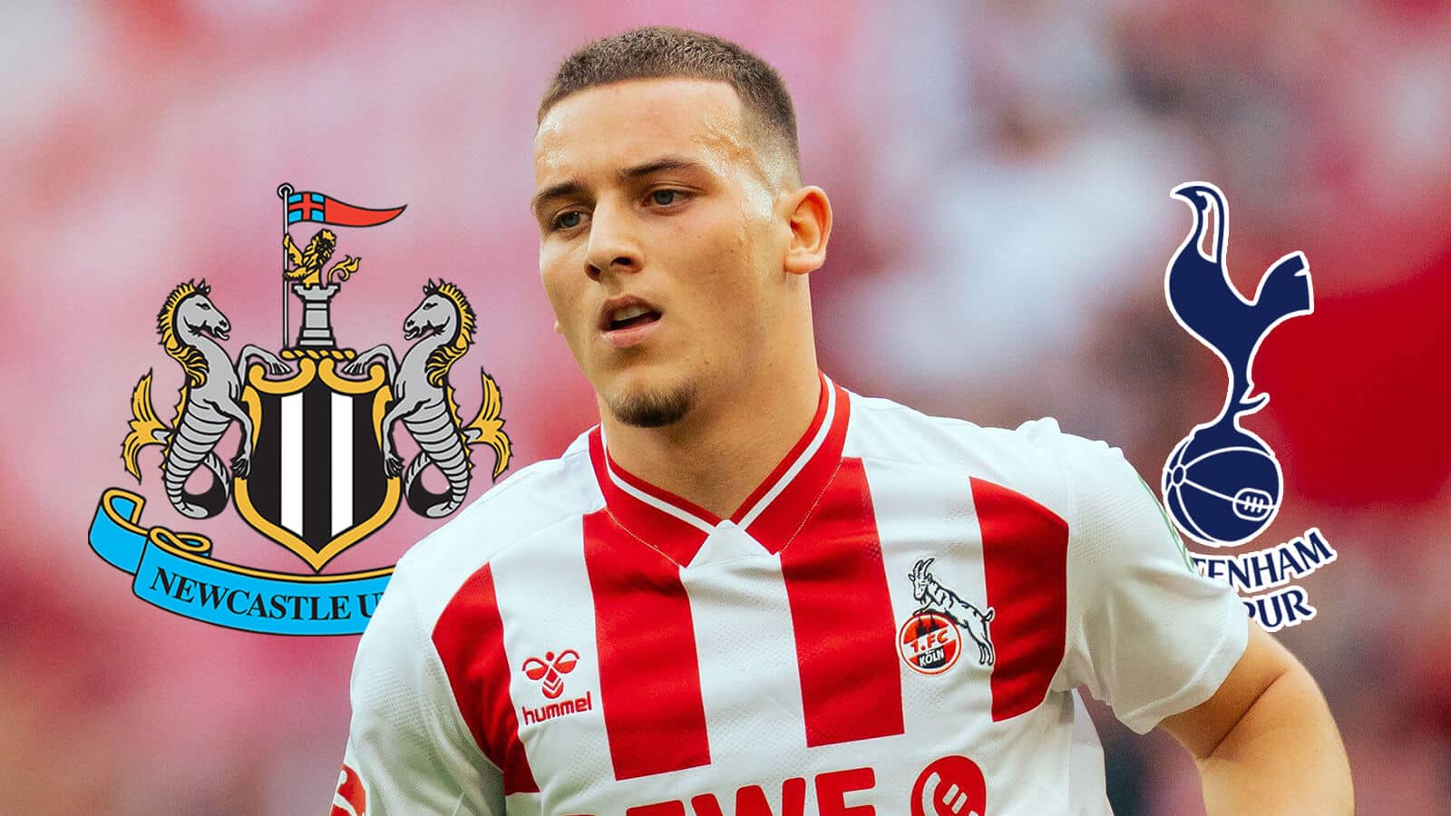 Cologne forward Said El Mala seen here next to the Newcastle United and Tottenham Hotspur badges