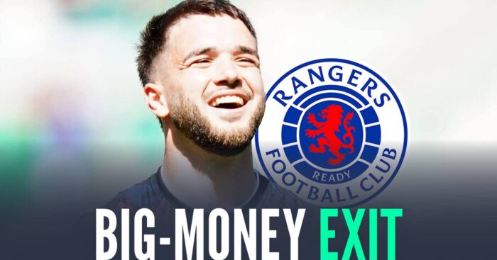 Rangers star Nico Raskin next to the club badge and the words 'big-money exit'