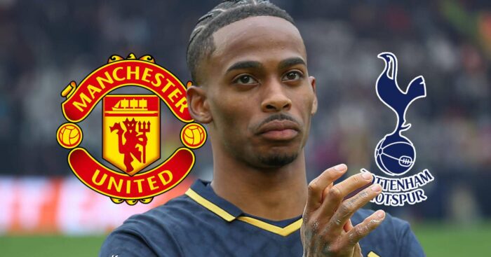 Manchester United badge, West Ham United winger Crysencio Summerville and Tottenham Hotspur badge - copyright TEAMtalk